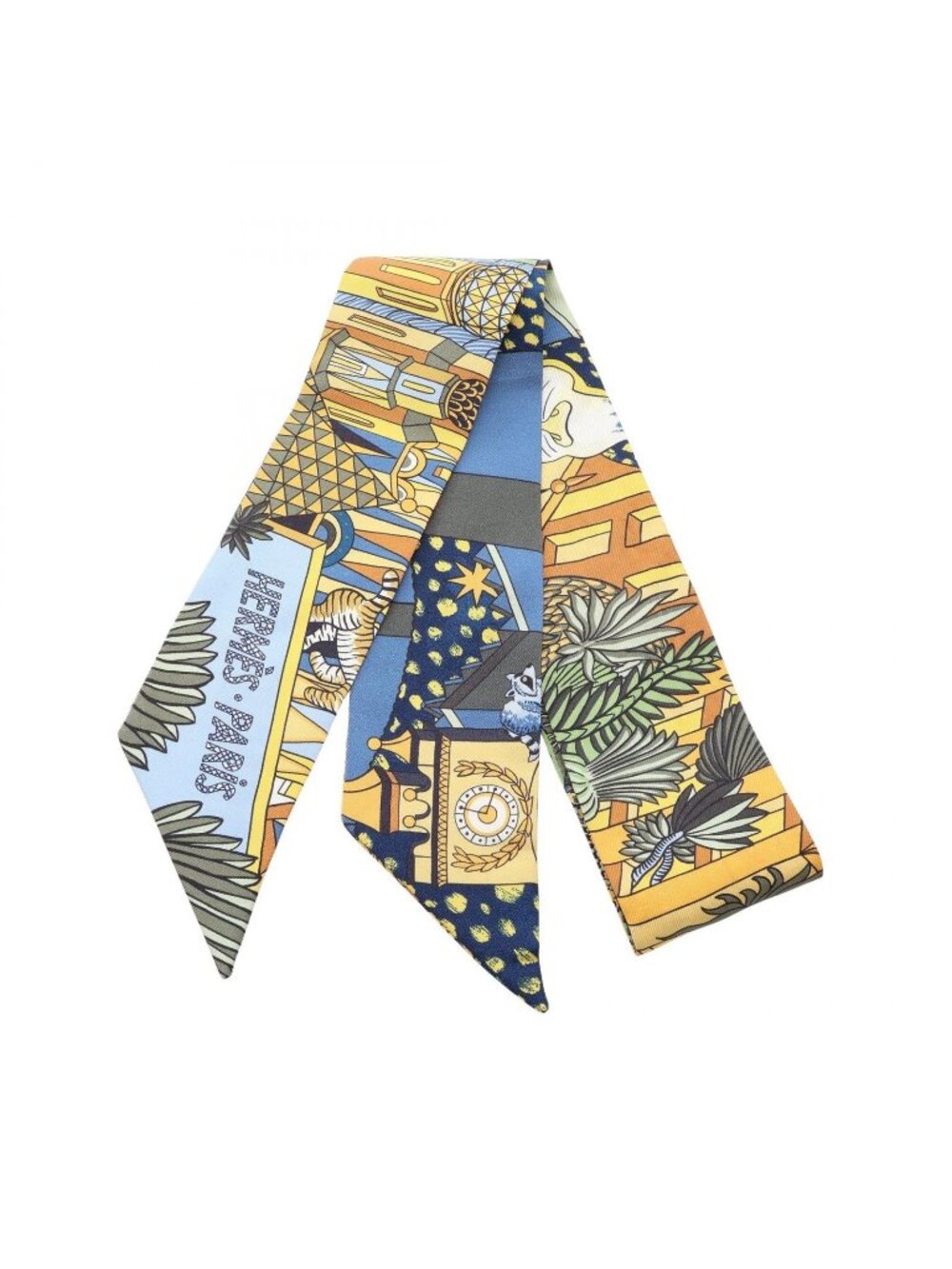 Hermes Scarf Twilly Animapolis Ribbon Blue Yellow Silk